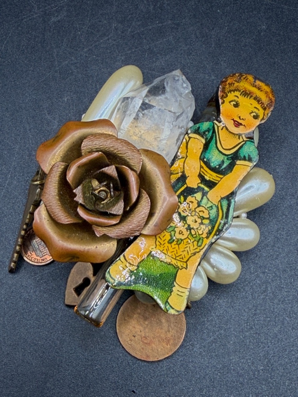 Vintage Handmade Found Object Mixed Media Girl Quartz Charm Pin Brooch Jewelry